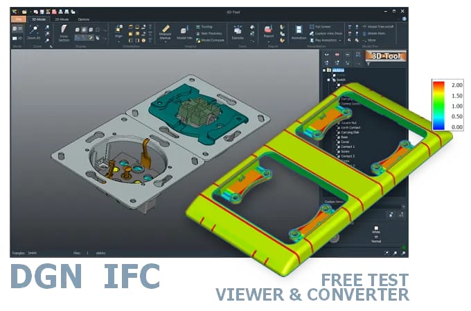Screenshot der 3D-Tool Benutzeroberfläche mit einem in den CAD-Viewer geladenen 3D-Modell einer elektrischen Schalter- und Steckdosenkombination.