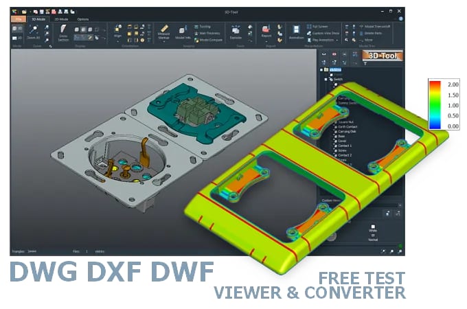 Screenshot der 3D-Tool Benutzeroberfläche mit einem in den CAD-Viewer geladenen 3D-Modell einer elektrischen Schalter- und Steckdosenkombination.