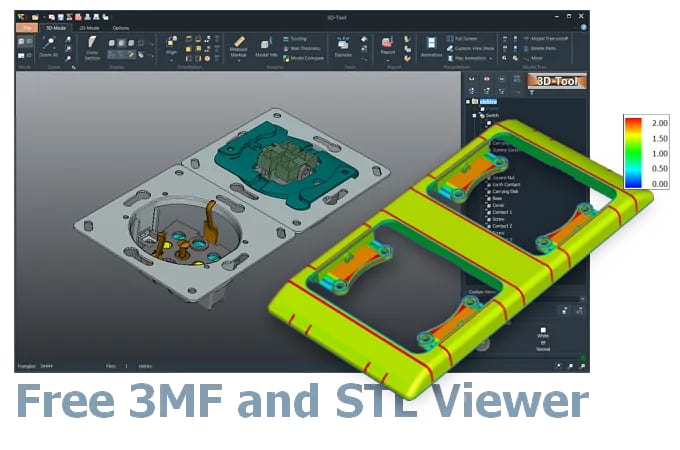 Screenshot der 3D-Tool Benutzeroberfläche mit einem in den CAD-Viewer geladenen 3D-Modell einer elektrischen Schalter- und Steckdosenkombination.