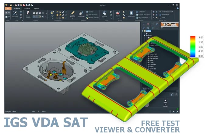 Screenshot der 3D-Tool Benutzeroberfläche mit einem in den CAD-Viewer geladenen 3D-Modell einer elektrischen Schalter- und Steckdosenkombination.