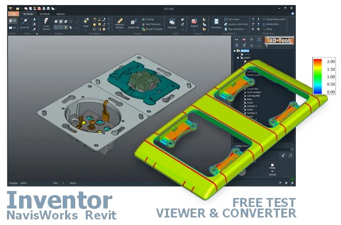 Screenshot der 3D-Tool Benutzeroberfläche mit einem in den CAD-Viewer geladenen 3D-Modell einer elektrischen Schalter- und Steckdosenkombination.
