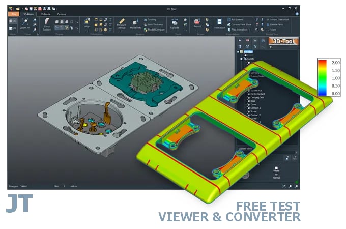 Screenshot der 3D-Tool Benutzeroberfläche mit einem in den CAD-Viewer geladenen 3D-Modell einer elektrischen Schalter- und Steckdosenkombination.