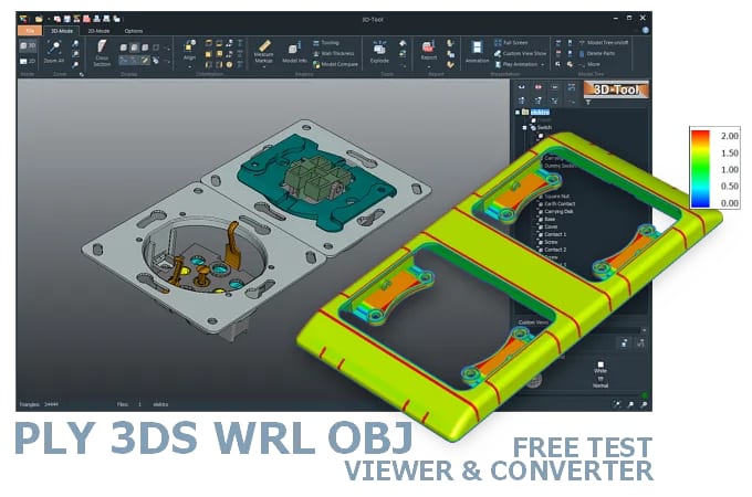Screenshot der 3D-Tool Benutzeroberfläche mit einem in den CAD-Viewer geladenen 3D-Modell einer elektrischen Schalter- und Steckdosenkombination.