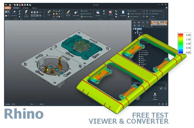 Screenshot der 3D-Tool Benutzeroberfläche mit einem in den CAD-Viewer geladenen 3D-Modell einer elektrischen Schalter- und Steckdosenkombination.