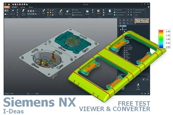 Screenshot der 3D-Tool Benutzeroberfläche mit einem in den CAD-Viewer geladenen 3D-Modell einer elektrischen Schalter- und Steckdosenkombination.