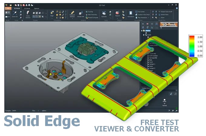 Screenshot der 3D-Tool Benutzeroberfläche mit einem in den CAD-Viewer geladenen 3D-Modell einer elektrischen Schalter- und Steckdosenkombination.