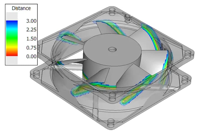 Transparente 3D-Darstellung eines kleinen Lüfters im 3D-Tool CAD-Viewer mit grafisch hervorgehobenen kritischen Bauteilabständen.