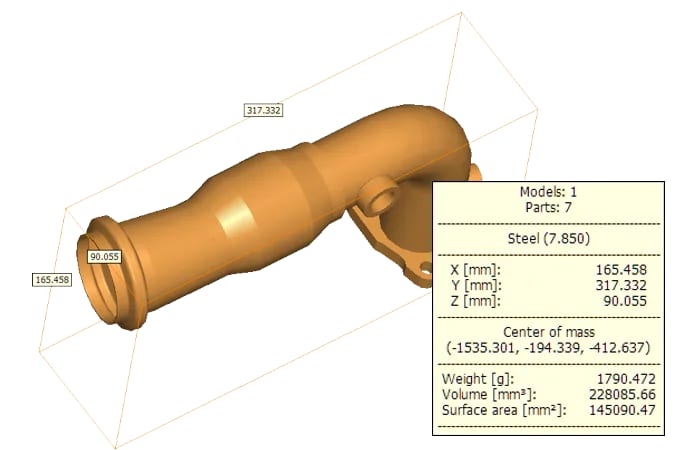 Anzeige der Bounding-Box und weiterer Teileinformationen für ein Bauteil im 3D-Tool CAD-Viewer.