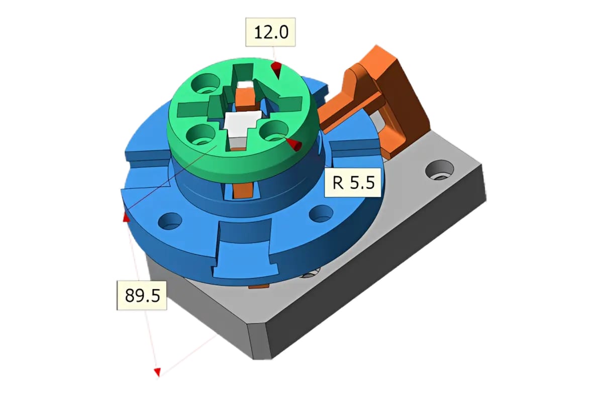 Kleine 3D-CAD-Baugruppe mit Punkt, Abstands- und Radiusbemaßungen.