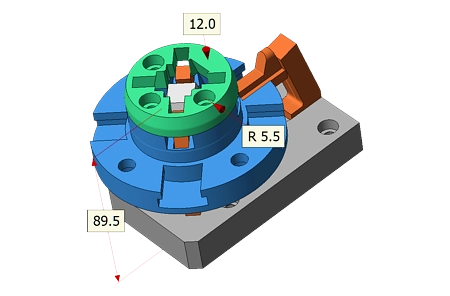 Kleine 3D-CAD-Baugruppe mit Punkt, Abstands- und Radiusbemaßungen.