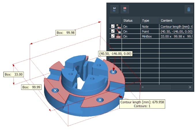 Isoliertes Einzelteil einer Baugruppe im 3D-Tool Viewer mit Bemaßungen, Stücklisteninformationen und weiteren Details.