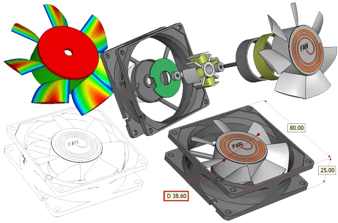 Details eines Lüfters im 3D-Tool Viewer: Explodierte Ansicht, Anmerkungen, Bemaßungen, Wandstärken-Heatmap und verdeckte Linien.
