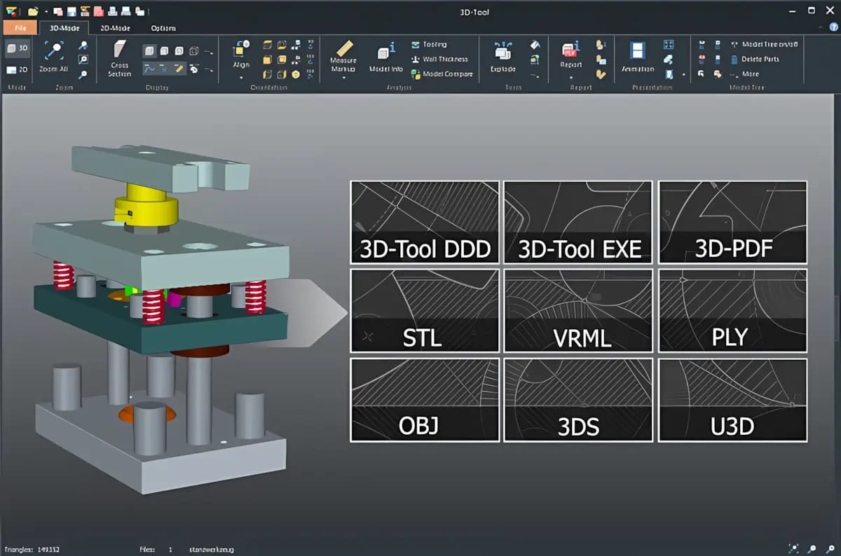 Screenshot des 3D-Tool Viewers und schematische Darstellung der 3D-Formate, die der Viewer speichern kann
