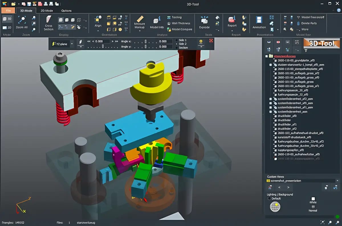 Screenshot der benutzerfreundlichen Oberfläche des 3D-Tool CAD-Viewers mit einer explodierten Baugruppe im Querschnitt
