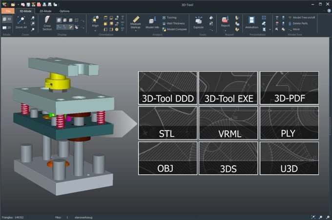 Screenshot des 3D-Tool Viewers und schematische Darstellung der 3D-Formate, die der Viewer speichern kann
