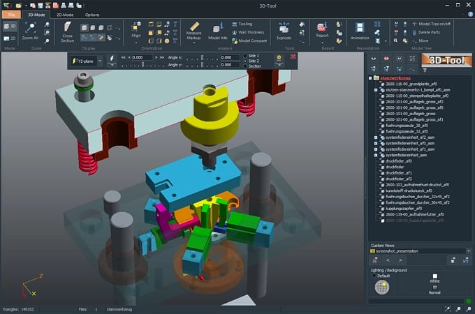 Screenshot der benutzerfreundlichen Oberfläche des 3D-Tool CAD-Viewers mit einer explodierten Baugruppe im Querschnitt