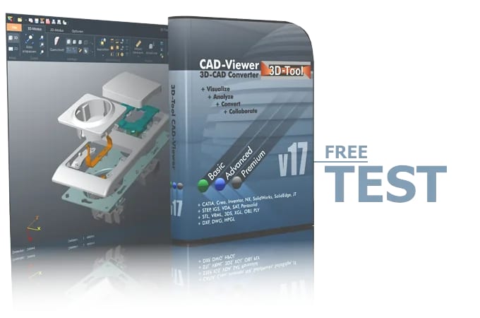 Poster aus Screenshot und Software-Box als Symbol für die Testversion des 3D-Tool Viewers und Konverters