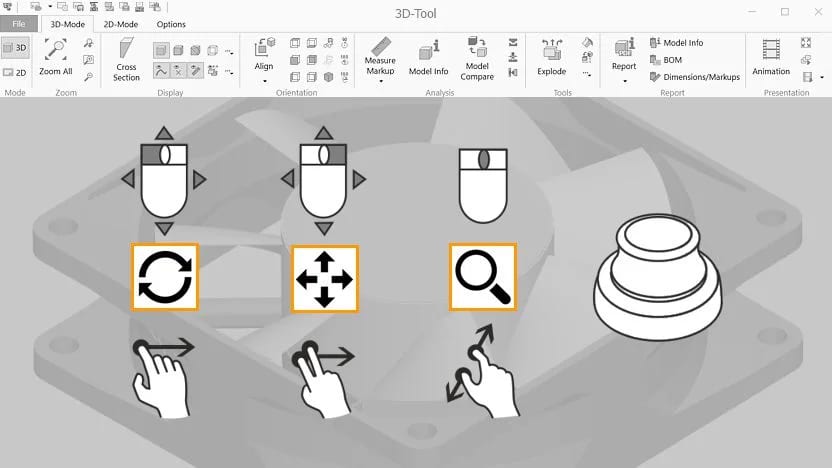 Image of mouse actions and touch gestures for moving the 3D model in the 3D-Tool CAD viewer.