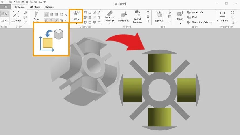 Visual representation of the "Align View" function of the 3D-Tool CAD viewer.