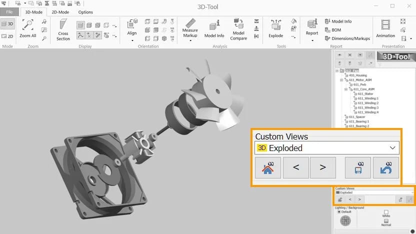 Screenshot of an exploded 3D model in the 3D-Tool CAD viewer illustrating the "Custom Views" function.