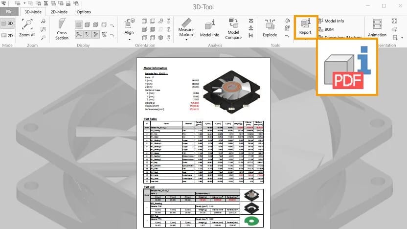 Example of a PDF parts list created with the 3D-Tool CAD viewer.