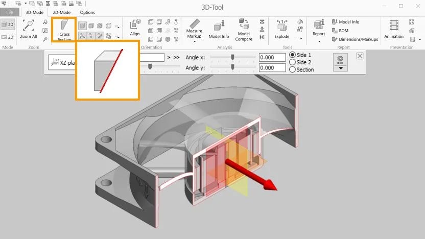 Screenshot of the cross-section function of the 3D-Tool CAD viewer.