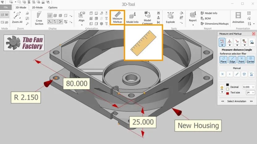 Screenshot of the measurement tools in the 3D-Tool CAD viewer.