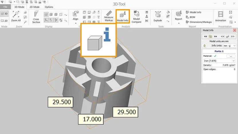 Screenshot of the 3D-Tool Model Info function with settings for units, material and density.