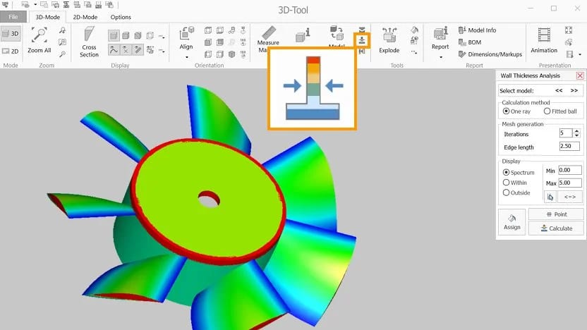 Image of a single-beam wall thickness analysis performed with the 3D-Tool CAD viewer.