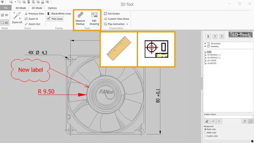 Screenshot of the 2D mode in the 3D-Tool CAD viewer with the element list and editing tools.