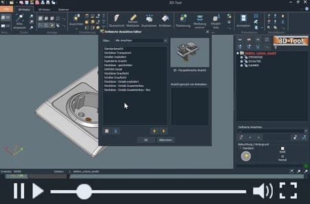 3D-Tool mit CAD-Modell und Menü für definierte Ansichten.