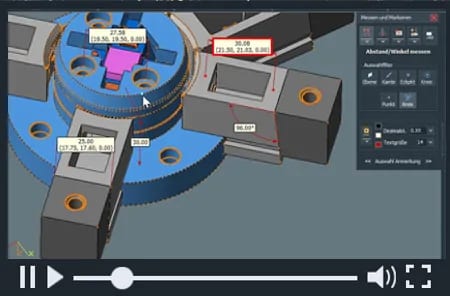 3D-Tool mit CAD-Modell und Geometrieelementen mit Koordinatenangaben.