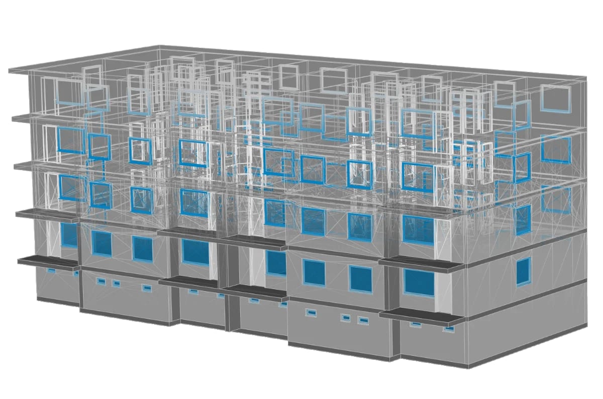 Gebäudemodell mit Bauteilen und technischen Anlagen im Modellnetz