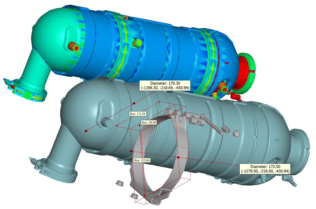 CAD-Modell mit Bemaßungen und Geometrieanalyse für Konstruktionsprüfungen
