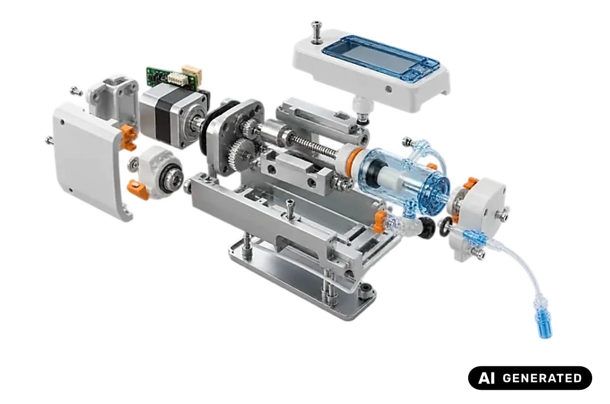 Explodiertes Präzisionsgerät mit Pumpenmechanik, Leitspindel und transparenter Fluidkammer