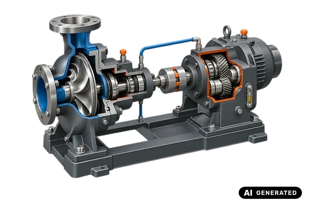 Aufgeschnittene Industriepumpe mit Getriebe, Lagern, Laufrad und Antriebswelle