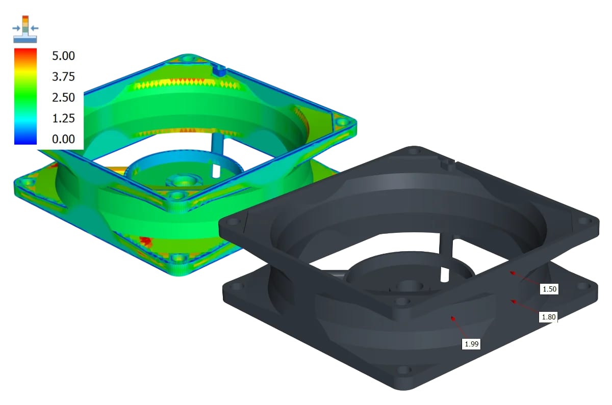 Wandstärkenprüfung an einem für den 3D-Druck vorbereiteten Modell