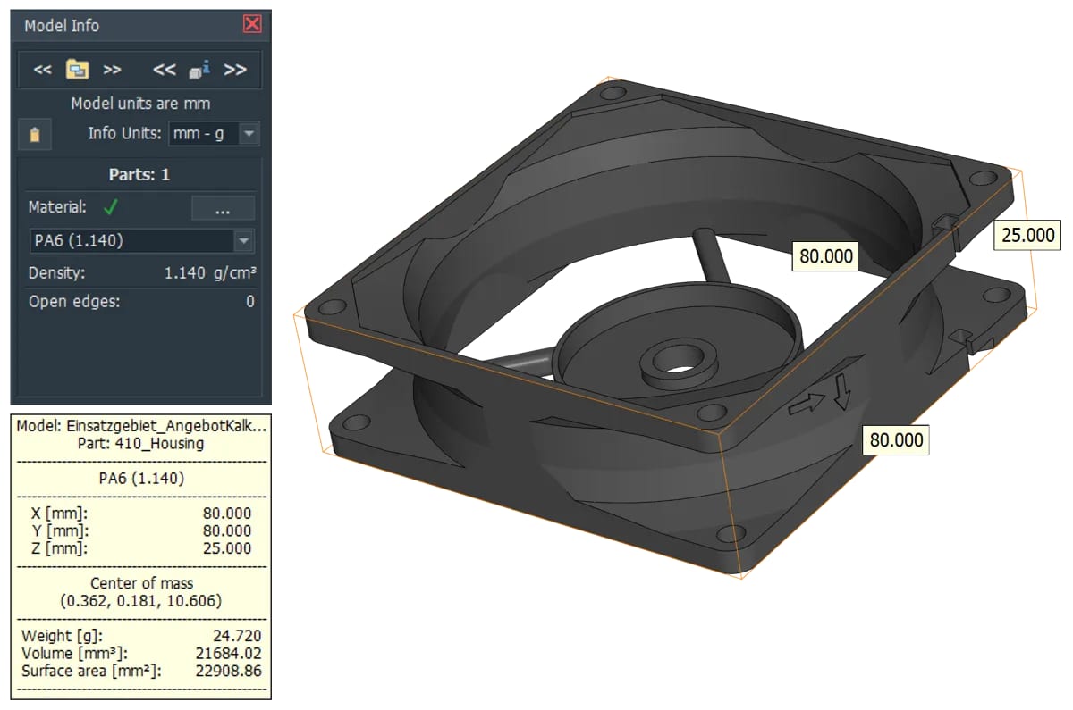 Modell-Info eines geschlossenen STEP-Modells eines Lüftergehäuses in 3D-Tool Advanced V17