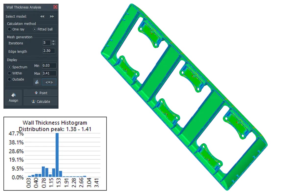 Wandstärkenanalyse eines Kunststoffgehäuses in 3D-Tool Premium V17 mit Farbspektrum und Histogramm