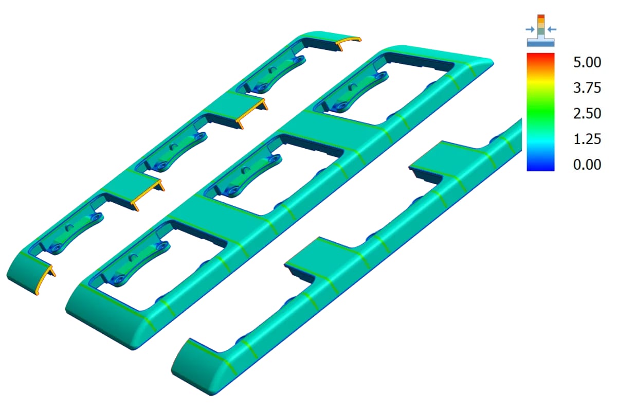 Wandstärkenanalyse als Heatmap an einem geformten CAD-Bauteil