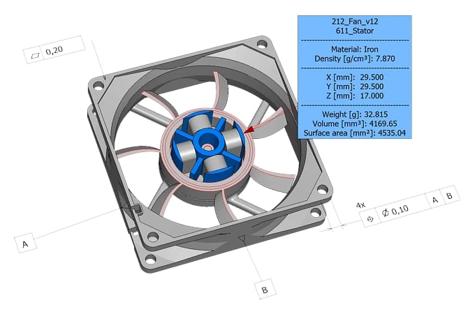 Anzeige einer 3D-Baugruppe im 3D-Tool CAD-Viewer mit Teileinformationen und Produktherstellungsinformationen