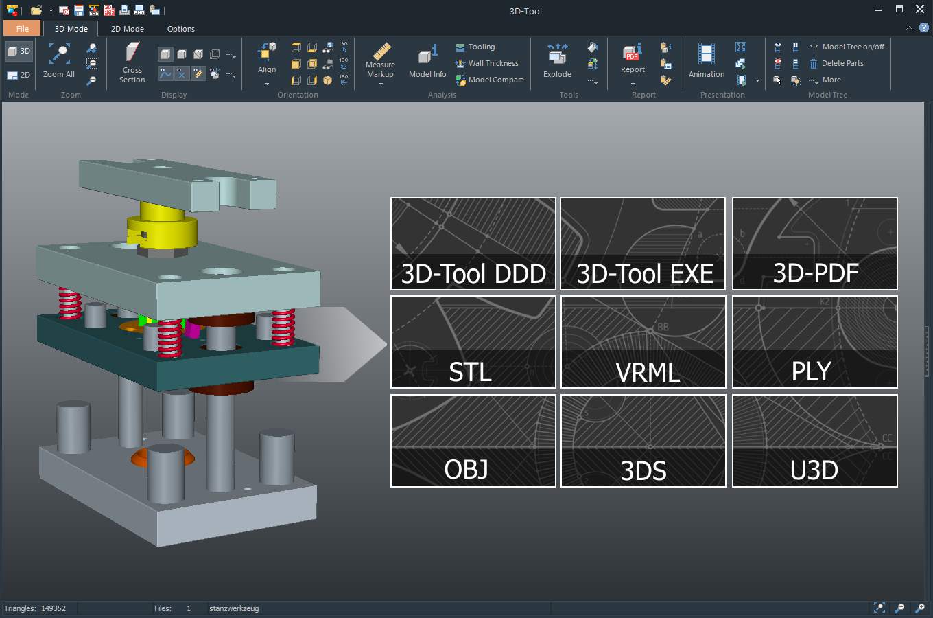 Erzeugen von 3D-PDF, STL, VRML, PLY, OBJ, 3DS und U3D - Dateien