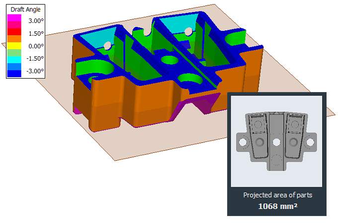 Die 3D-Tool Werkzeuganalyse zeigt Schrägenwinkel und Formkavitäten und bietet auch eine Identifikation von nicht entformbaren Bereichen