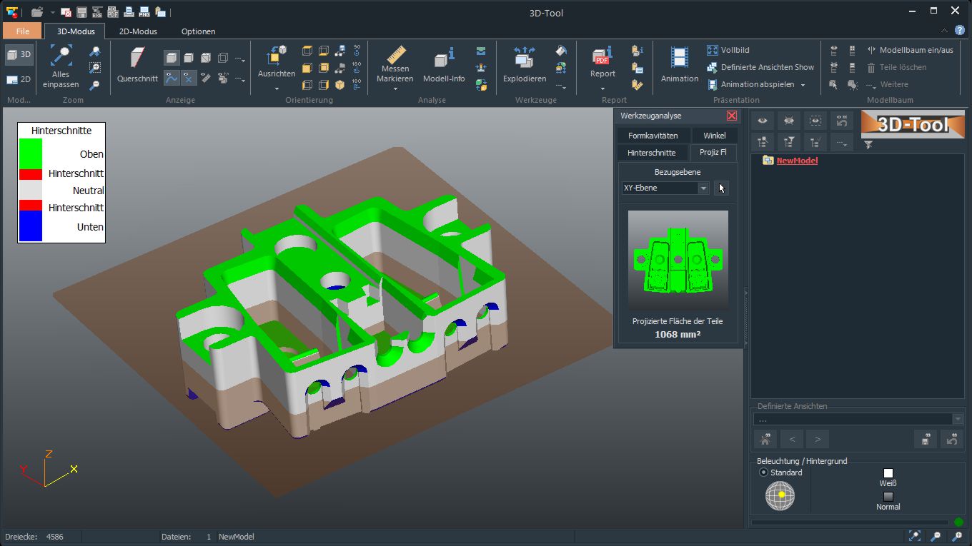 Die 3D-Tool Werkzeugnanalyse mit Hinterschnitten und projizierter Fläche