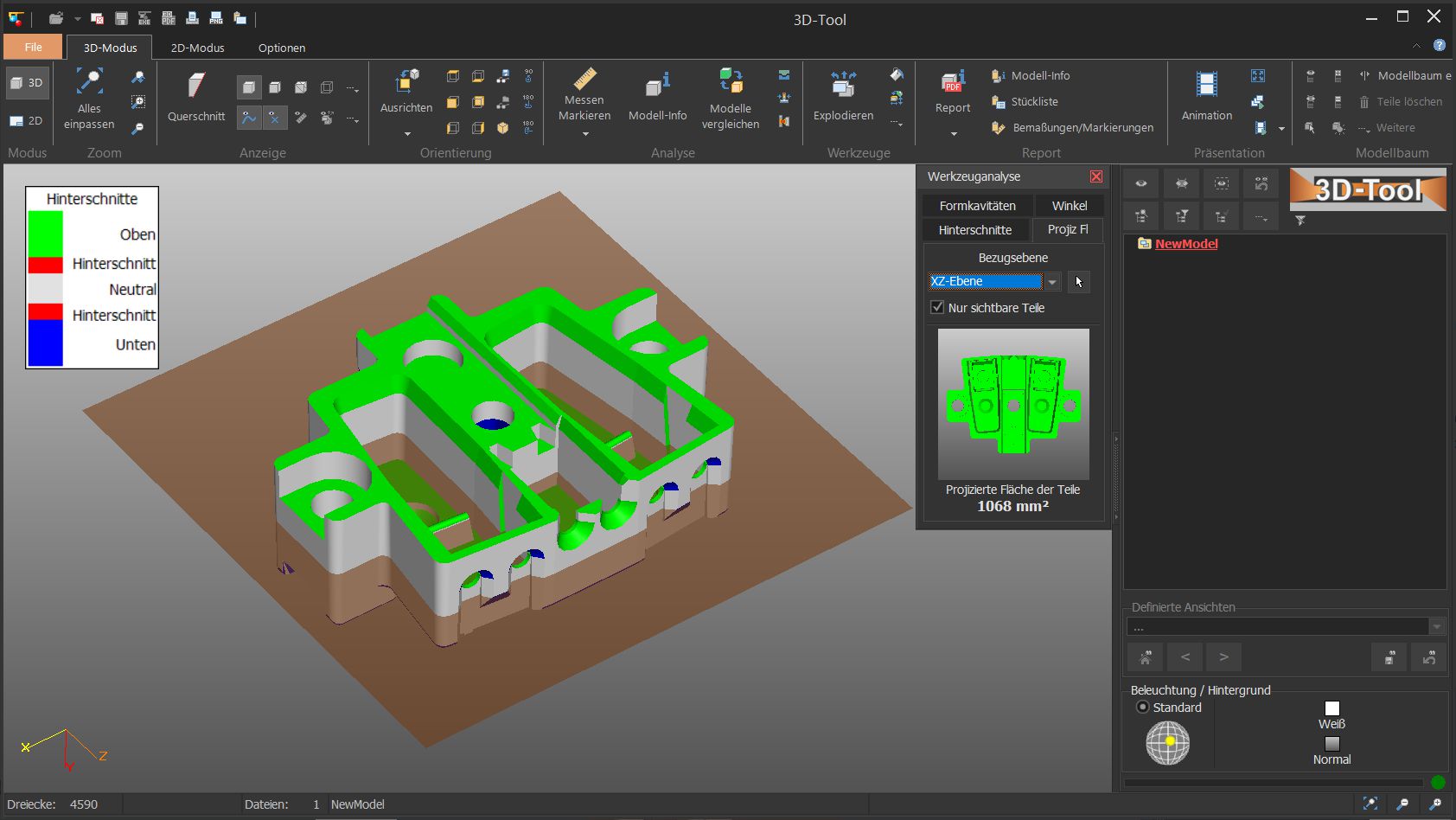 Die 3D-Tool Werkzeugnanalyse mit Hinterschnitten und projizierter Fläche