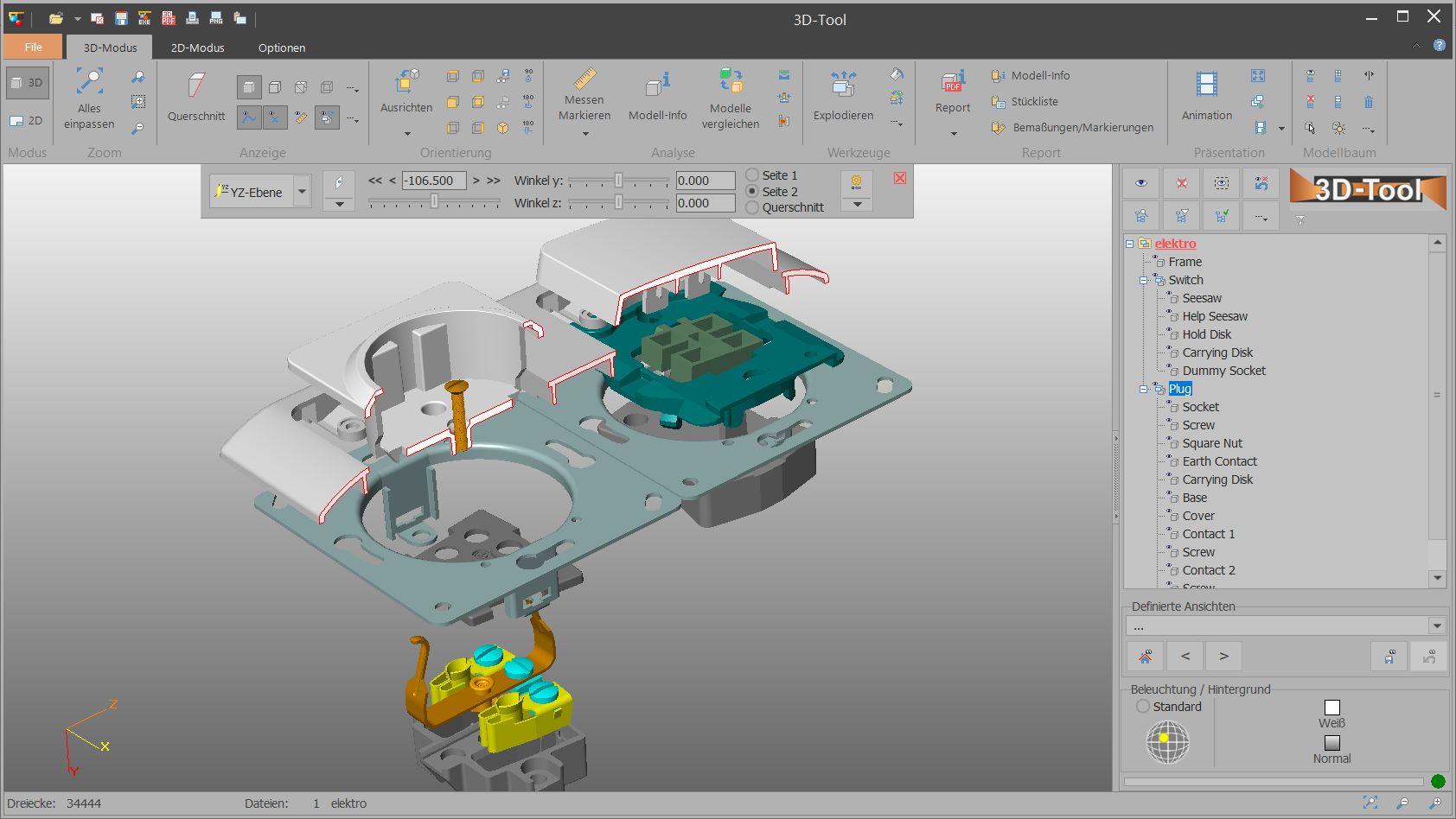 Explodierte Ansicht eines 3D-Modells mit Teilen im Querschnitt