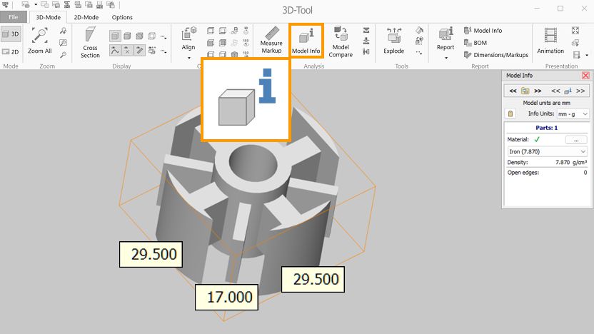 Volumen, Oberfläche, Abmaße und Gewicht von 3D CAD Teilen