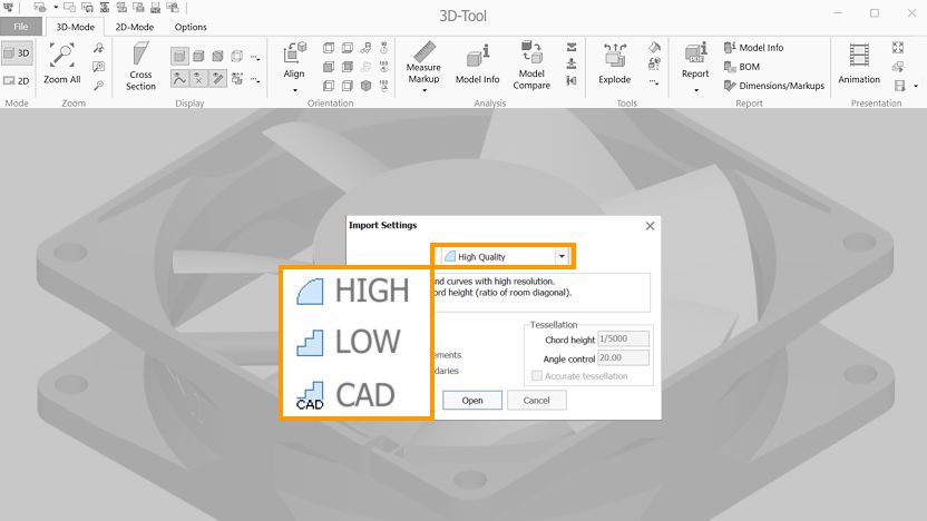 Die Importeinstellungen des 3D-Tool CAD-Viewers und Konverters